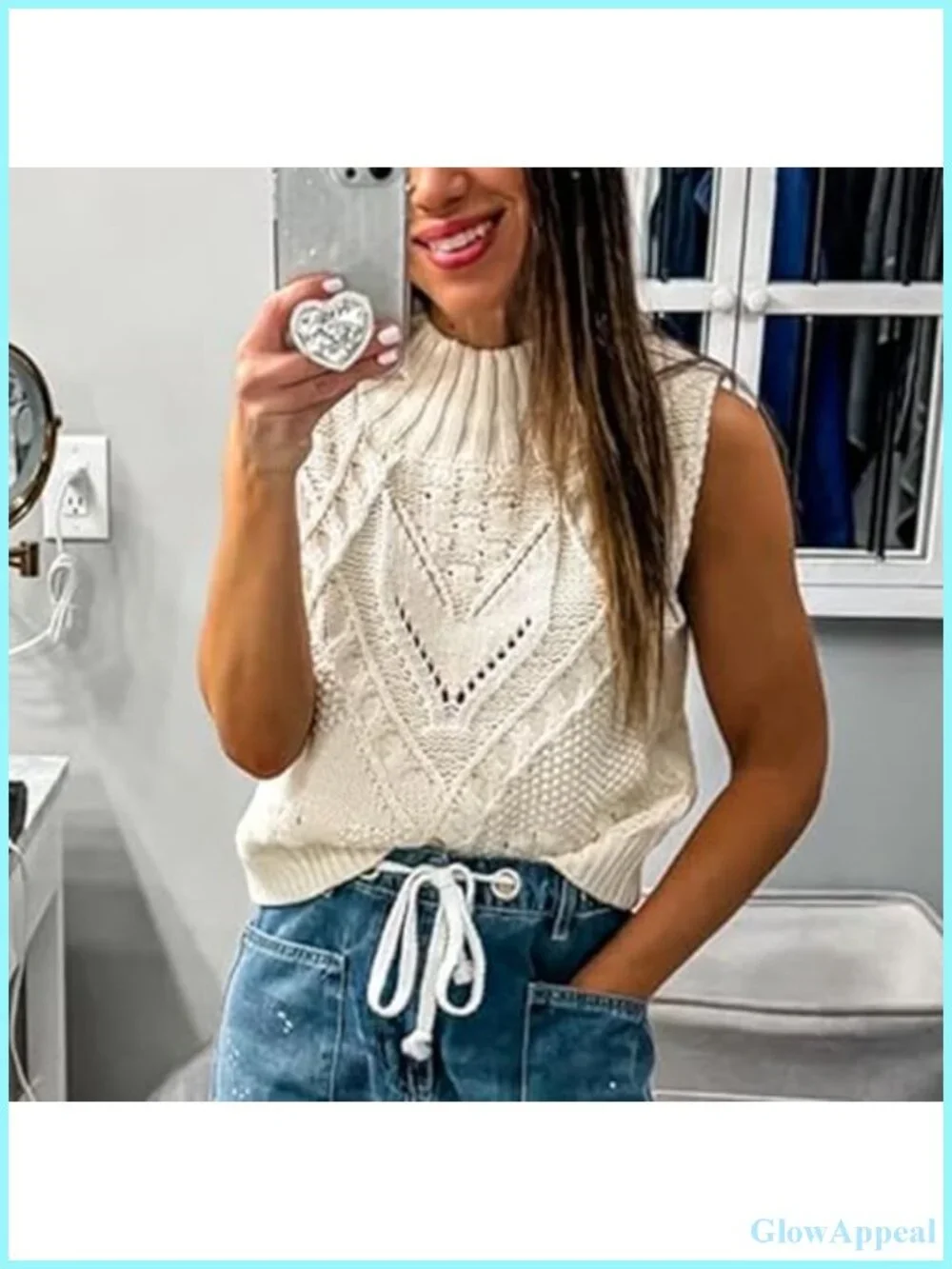 Crochet Sleeveless Turtleneck Sweater Vest Cotton Knit Relaxed Fit